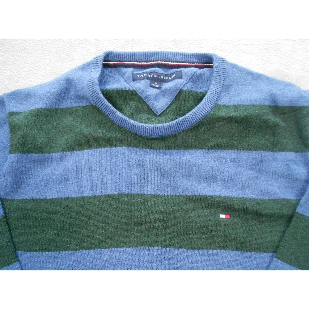 Tommy Hilfiger Sweater Medium Round Neck Striped Blue Green Long Sleeve
